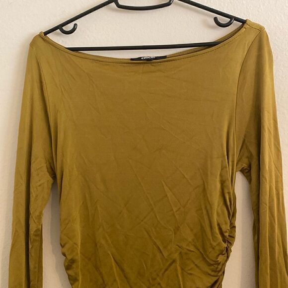 Like New Gold Draped Cowl Neck Slinky Ruched Midi Dress (Please see pix) - Picture 3 of 8